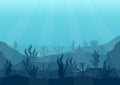 Underwater ocean scene. Deep blue water, coral reef and underwater plants. Marine sea bottom silhouette with seaweed Royalty Free Stock Photo