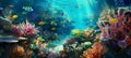 underwater in ocean scuba diving ,sea plant and fish,under sea water ,green blue wave sunlight reflection in ocean