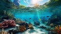 underwater in ocean scuba diving ,sea plant and fish,under sea water ,green blue wave sunlight reflection in ocean