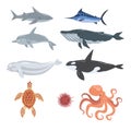 Underwater Ocean Sea Creatures and Animals Set, Humpback Whale, Turtle, Octopus, Sea Urchin, Dolphin, Swordfish Cartoon