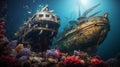 Underwater Ocean: A Wrecked Ship Amidst Corals And Historical Genre Scenes