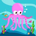 Little octopus swimming underwater. Vector Illustration