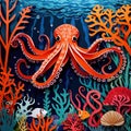 Underwater octopus, traditional design made of paper, papercut crafted handmade decoration children illustration