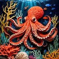 Underwater octopus, traditional design made of paper, papercut crafted handmade decoration children illustration