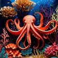 Underwater octopus, traditional design made of paper, papercut crafted handmade decoration children illustration