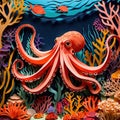 Underwater octopus, traditional design made of paper, papercut crafted handmade decoration children illustration