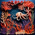 Underwater octopus, traditional design made of paper, papercut crafted handmade decoration children illustration