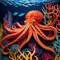 Underwater octopus, traditional design made of paper, papercut crafted handmade decoration children illustration