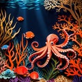 Underwater octopus, traditional design made of paper, papercut crafted handmade decoration children illustration