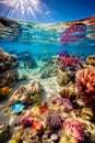 Underwater and overwater views sea life, beach and sky on a sunny day