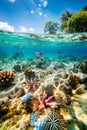 Underwater and overwater views sea life, beach and sky on a sunny day