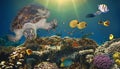 underwater paradise background coral reef wildlife nature collage with shark manta ray sea turtle colorful fish Royalty Free Stock Photo