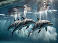 An underwater performance featuring a synchronized group of dolphins in the early morning Royalty Free Stock Photo