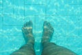 Underwater photo, bottom of swimming pool with blue tiles, man legs standing on it