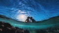 Underwater photo of young kissing couple in love swimming in the sea. Generative AI