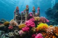 An underwater photograph showcasing a vibrant coral reef teeming with corals and sponges, An enchanting underwater castle made Royalty Free Stock Photo