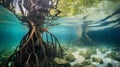 Underwater photograph of a tropical Mangrove trees roots, above and below the water in the Caribbean sea. an uncommon underwater