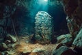 Underwater Photography of Ancient Mayan Relic Stone with Engravings Illuminated by Sunbeam in Cenote