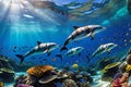underwater photography capturing dolphins gracefully swimming amidst a vibrant school of colorful fish Royalty Free Stock Photo