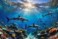 underwater photography capturing dolphins gracefully swimming amidst a vibrant school of colorful fish