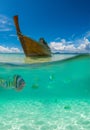 Underwater picture with fish and traditional longtail boat in Maya bay, Ko Phi Phi Le Royalty Free Stock Photo