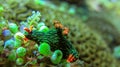 Underwater picture of Nembrotha Kubaryana. Colorful sea slug dorid nudibranch crawling on a stony coral, close up. Variable neon