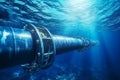 Underwater pipeline for oil and gas transport. Metal conduit in ocean. Subsea industry equipment at sea bottom Royalty Free Stock Photo