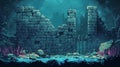 Underwater Pixel Art Ruins with Dim Lighting and Stone Wall Texture Royalty Free Stock Photo
