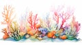 underwater plants algae and colored coral watercolor on white background