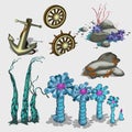 Underwater plants, anchor and ship wheel