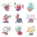 Underwater plants compositions. Cartoon kids sea elements, aquarium seaweeds and shells, corals with fishes, anemones Royalty Free Stock Photo