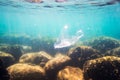 Underwater plastic bag pollution in ocean. Bad ecology of sea water. environmental pollution. garbage under water