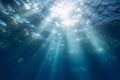 underwater rays, blue ocean, ocean surface seen, Royalty Free Stock Photo