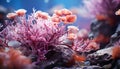 Underwater reef, close up of multi colored coral, fish in purple water generated by AI