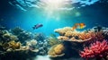Underwater reef with various fish and sunshine background.