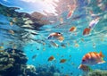 Underwater reef with various fishes and blue sky background.Macro.AI Generative
