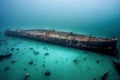 Underwater remains of sunken ship after shipwreck beneath.