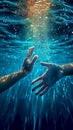 Underwater rendezvous Hands stretching towards each other in deep blue water Royalty Free Stock Photo