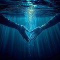 Underwater rendezvous Hands stretching towards each other in deep blue water Royalty Free Stock Photo