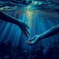 Underwater rendezvous Hands stretching towards each other in deep blue water Royalty Free Stock Photo