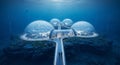 Futuristic underwater research facility with domeshaped modules and walkway surrounded by ocean landscape Royalty Free Stock Photo