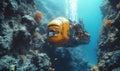 Underwater research station exploring deep-sea ecosystems with advanced robotics, technological exploration, 3D illustration