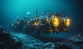 Underwater research station exploring deep-sea ecosystems with advanced robotics, technological exploration, 3D illustration