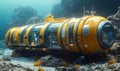 Underwater research station exploring deep-sea ecosystems with advanced robotics, technological exploration, 3D illustration