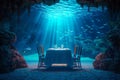 Underwater Restaurant, Blue Undersea View Dining, Hotel Underwater Dinner, Copy Space Royalty Free Stock Photo
