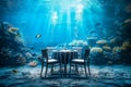 Underwater Restaurant, Blue Undersea View Dining, Hotel Underwater Dinner, Copy Space Royalty Free Stock Photo