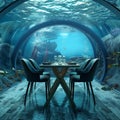 Underwater Restaurant, Blue Undersea View Dining, Hotel Underwater Dinner, Copy Space