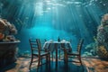 Underwater Restaurant, Blue Undersea View Dining, Hotel Underwater Dinner, Copy Space