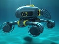 Underwater robots on the bottom of the ocean depths on sand.