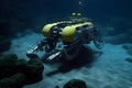 Underwater robots on the bottom of the ocean depths on sand and underwater plants.